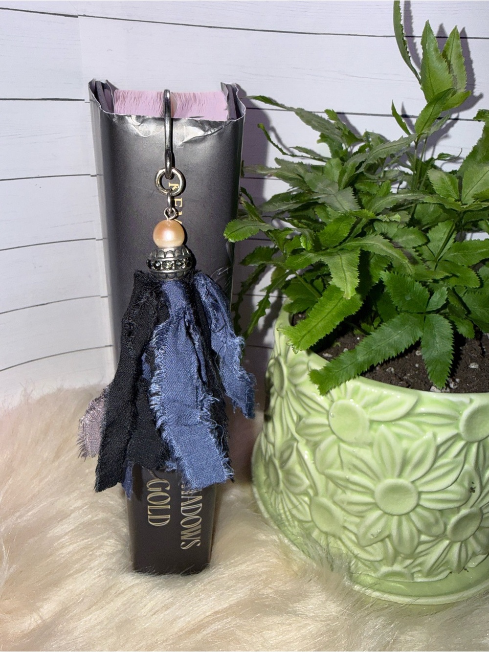 Handmade Tassel Bookmark with Pearl Accent - Blue & Black